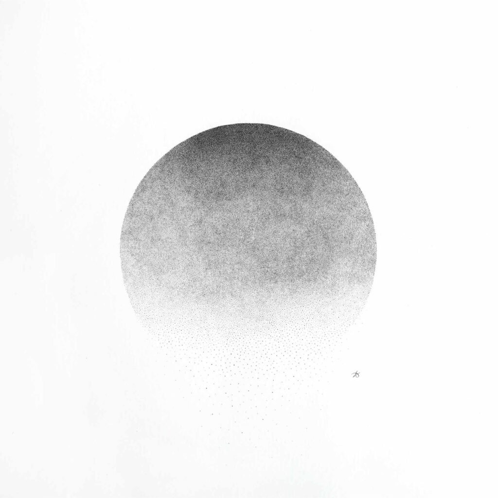 Oeuvre pointillisme de Maude Devos représentant une sphère dont le bas disparaît.