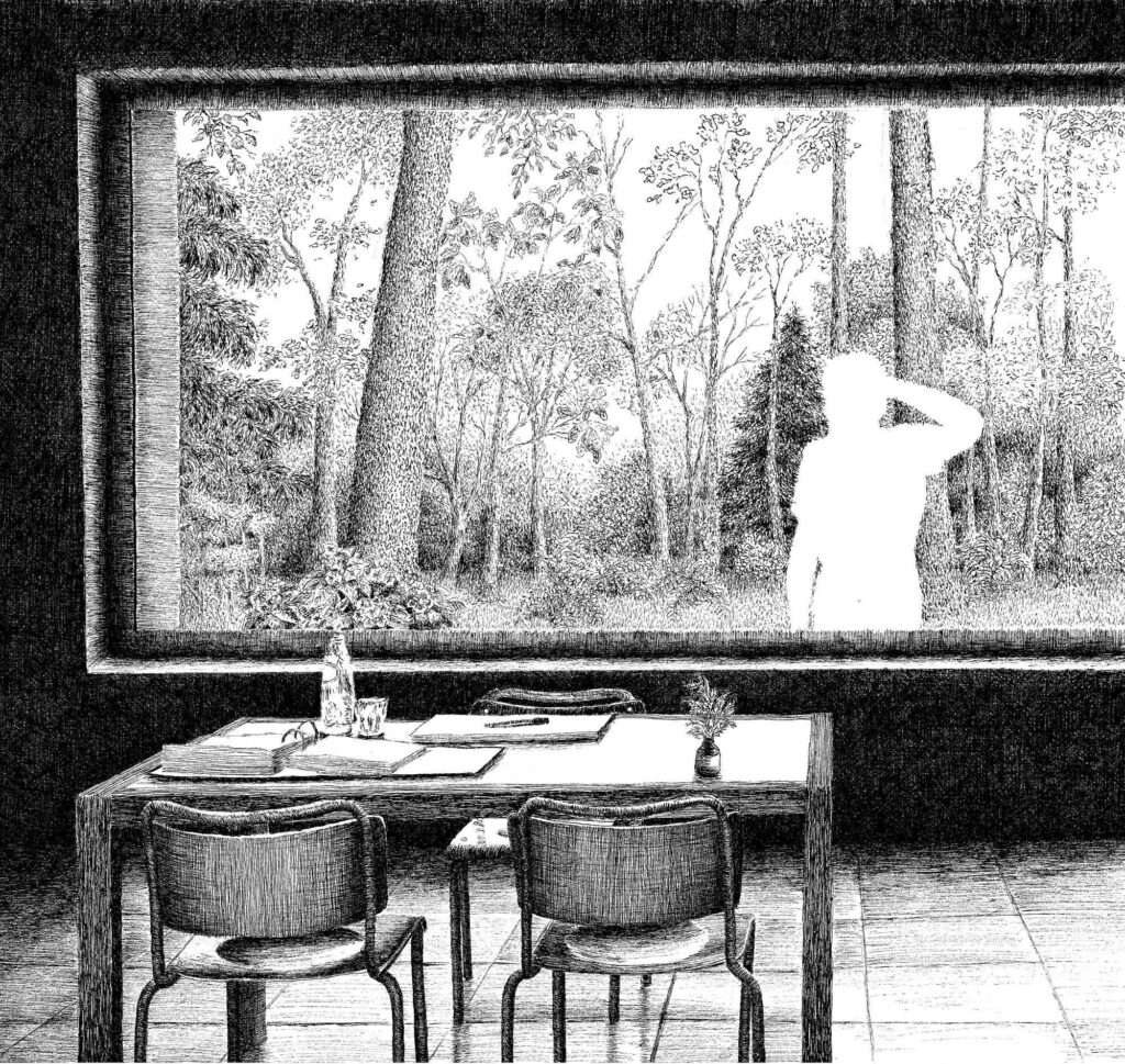 dessin d'art contemporain en noir et blanc, une silhouette observe l'intérieur d'une maison